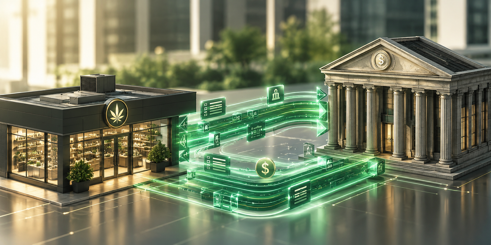 A dispensary storefront connected to a bank by a glowing stream of encrypted transfer records