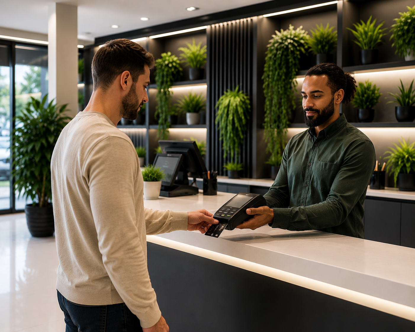 A customer paying with a debit card at a modern dispensary counter